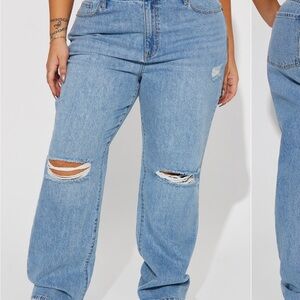 Fashion Nova Blue Boyfriend Jeans with Distressed Knees
